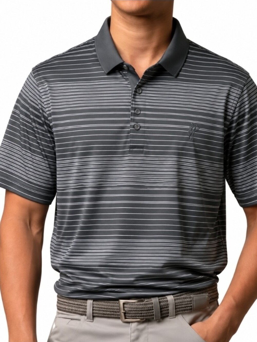 Ashworth Men's Grey And White Stripe Golf Polo